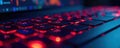 Close up of keyboard, glowing screen, digital code, software, virtual reality