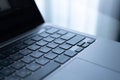 Close-up of a keyboard on a laptop. black keyboard with english and russian layout