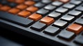 A close up of a keyboard with orange and black keys, AI