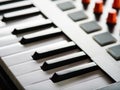 Close-up. Keys of a modern midi keyboard. Recording studio. Modern musical equipment for professional activities. Musician, Royalty Free Stock Photo