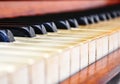 Close up of the keys of an old worn piano