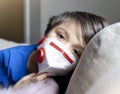 Close up kid face looking  tired from chest coughing wearing face mask for protect pm2.5,Head short Loney Child boy  with sad face Royalty Free Stock Photo