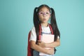Close-up kid schoolgirl wearing glasses, she nice cute attractive cheerful amazed. Royalty Free Stock Photo