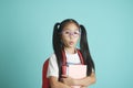 Close-up kid schoolgirl wearing glasses, she nice cute attractive cheerful amazed. Royalty Free Stock Photo