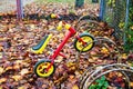 Close-up of kids tricycle at bicycle stand in autumn Royalty Free Stock Photo