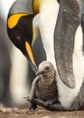 Close up of King penguin chick sitting on the feet of its parent Royalty Free Stock Photo