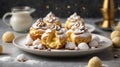Close up of King profiterole with custard sprinkled with powdered sugar served on a white plate