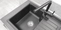 Close-up kitchen single basin bowl sink with drainboard,dark color.Wing for drying utencil.Mixer tap,neutral background