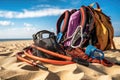 close-up of kitesurfing gear on a sandy beach