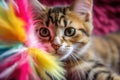 close-up of kitten paw swatting colorful feather toy Royalty Free Stock Photo