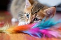 close-up of kitten paw swatting colorful feather toy