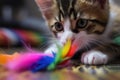 close-up of kitten paw swatting colorful feather toy