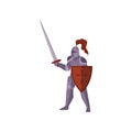 Close-up of knight stands in violet armor, raises sword and protects body with red shield on white background