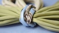 a close up of a knot on a blue cloth with a green and white background and a light blue fabric with a brown and white design