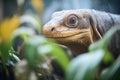 close-up of komodo dragon under tropical foliage