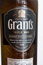 Close-up for label of Grant`s Triple Wood blended scotch whhisky