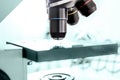 Close up of laboratory microscope lens