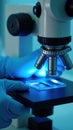 Close-Up of Laboratory Microscope with Scientist\'s Hands Adjusting Slide