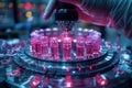 Close-up of laboratory scientist manipulating equipment with pink liquid samples under research microscope in high-tech lab Royalty Free Stock Photo