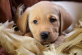 close-up of a labrador puppy amidst a pile of torn pillow feathers