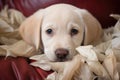 close-up of a labrador puppy amidst a pile of torn pillow feathers