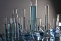 Close up of labware such as beaker, flask, graduated cylinders and test tubes well placed