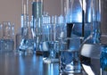 Close up of labware such as beaker, flask, graduated cylinders and test tubes well placed Royalty Free Stock Photo