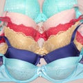 Close-up of lace push-up bras - various colored brassieres