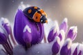 Close up of ladybug on blooming purple crocus flower in snow Royalty Free Stock Photo