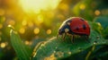 Close-up of a ladybug on a grass blade, with warm sunlight in the background Royalty Free Stock Photo