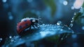 A close-up of a ladybug on a leaf adorned with droplets of water Royalty Free Stock Photo