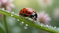 Ladybug Crawling on a Green Leaf Covered with Morning Dew Royalty Free Stock Photo