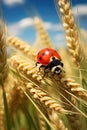 Close up of ladybug on wheat ear covered with the morning dew Royalty Free Stock Photo