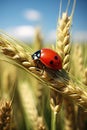 Close up of ladybug on wheat ear covered with the morning dew Royalty Free Stock Photo