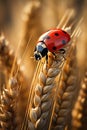 Close up of ladybug on wheat ear covered with the morning dew Royalty Free Stock Photo