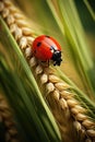 Close up of ladybug on wheat ear covered with the morning dew Royalty Free Stock Photo