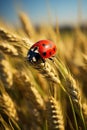 Close up of ladybug on wheat ear covered with the morning dew Royalty Free Stock Photo