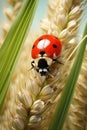 Close up of ladybug on wheat ear covered with the morning dew Royalty Free Stock Photo