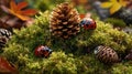 Ladybugs and Pine Cones on Moss, Capturing the Charm of Autumn Forest Floor Royalty Free Stock Photo