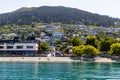 Close up lake front properties along marina in Queenstown Otago New Zealand