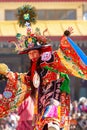 Close-up of lama in ritual costume and ornate hat performs a historical religious mystery Black Hat Dance of Tibetan Buddhism on Royalty Free Stock Photo