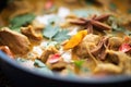 close-up of lamb korma, visible cardamom pods, backlit effect