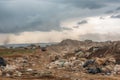 close-up of a landfill, with garbage and debris visible