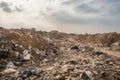 close-up of a landfill, with trash and debris visible