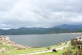 Landscape of mountains ,island and lake in the evening