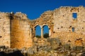 Close-up landscape view ruins of the wall with windows of antique building