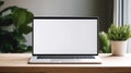 Close-up of a laptop blank screen mockup at home. Generative AI. Royalty Free Stock Photo