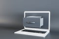 Close up of laptop computer with abstract document folder coming out of screen on grey background. Computing, digital, Royalty Free Stock Photo