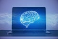 Close up of laptop computer with digital brain hologram on blue backdrop. Hi-tech innovation and AI concept. 3D Rendering Royalty Free Stock Photo