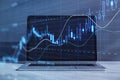 Close up of laptop computer with glowing candlestick forex chart with index on background. Trade, stock and finance concept Royalty Free Stock Photo